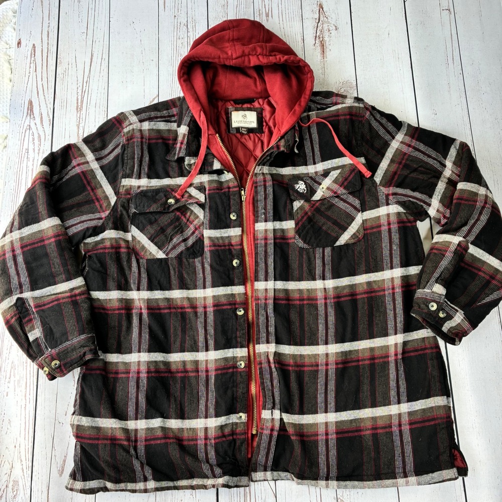 Legendary Whitetails Mens 4XT Plaid Quilted Hooded Flannel Shirt Jacket Black